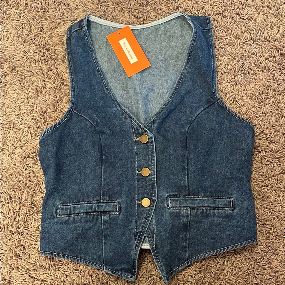 NWT Denim Button Front Vest - Blue